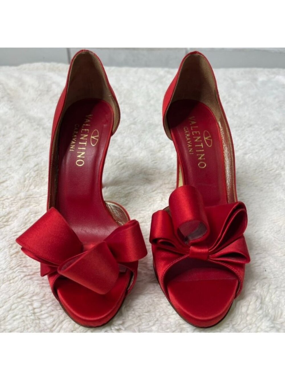 Valentino Garavani Red Satin Bow Peep Toe dOrsay Pumps Heels Size 36.5 US 6.5